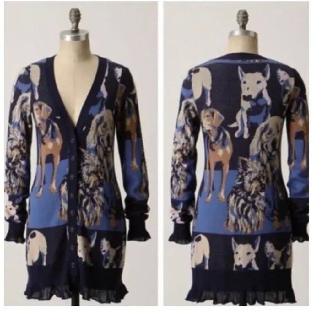 TTL ANTHROPOLOGIE Rare Sleeping on Snow Doggedly Devoted Cardigan Sweater Small